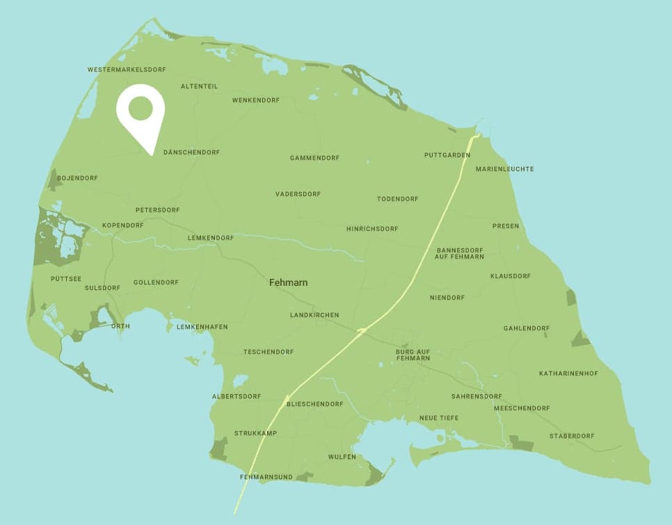 Kartenausschnitt der Insel Fehmarn mit einer weißen Markierung für den Standort Schlagsdorf
